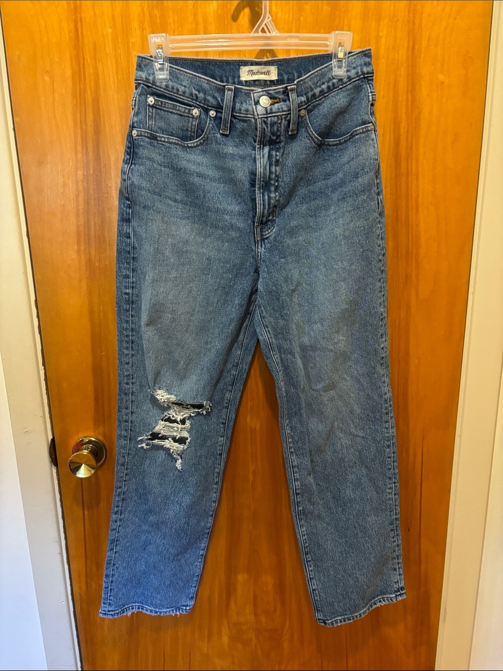 Madewell Women's Blue Straight-Leg Jeans with Distressed Knee